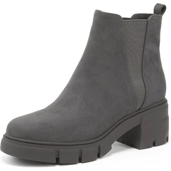 REDTOP Women's Elastic Chelsea Boots Grey Suede  Faux Suede Block Heel Booties - Picture 1 of 7